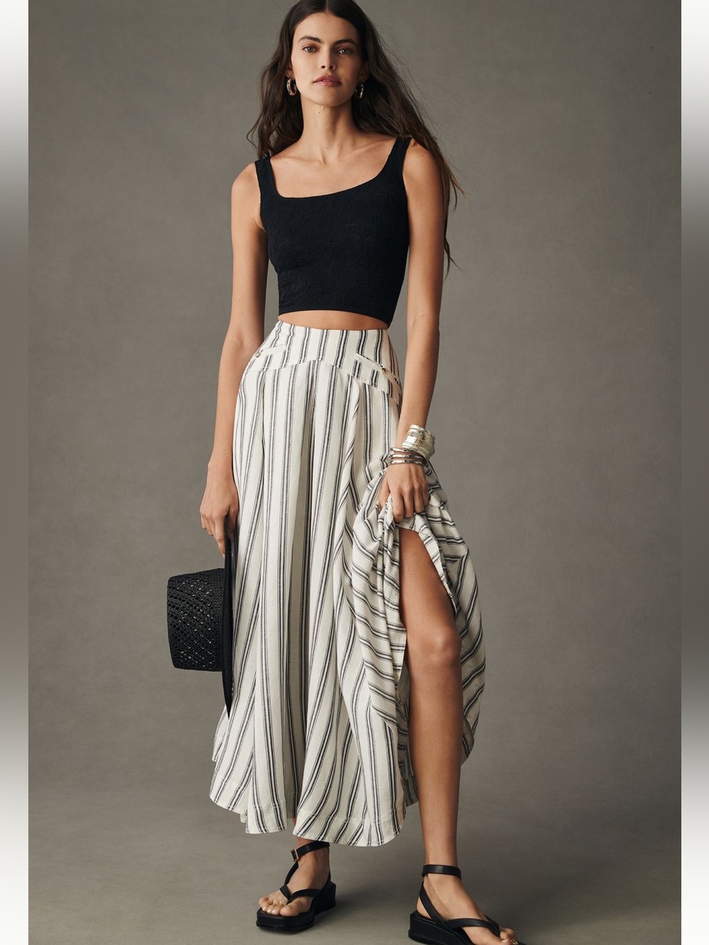 Anthropologie Pilcro Structured A-Line Stripe Skirt Maxi side zip navy white